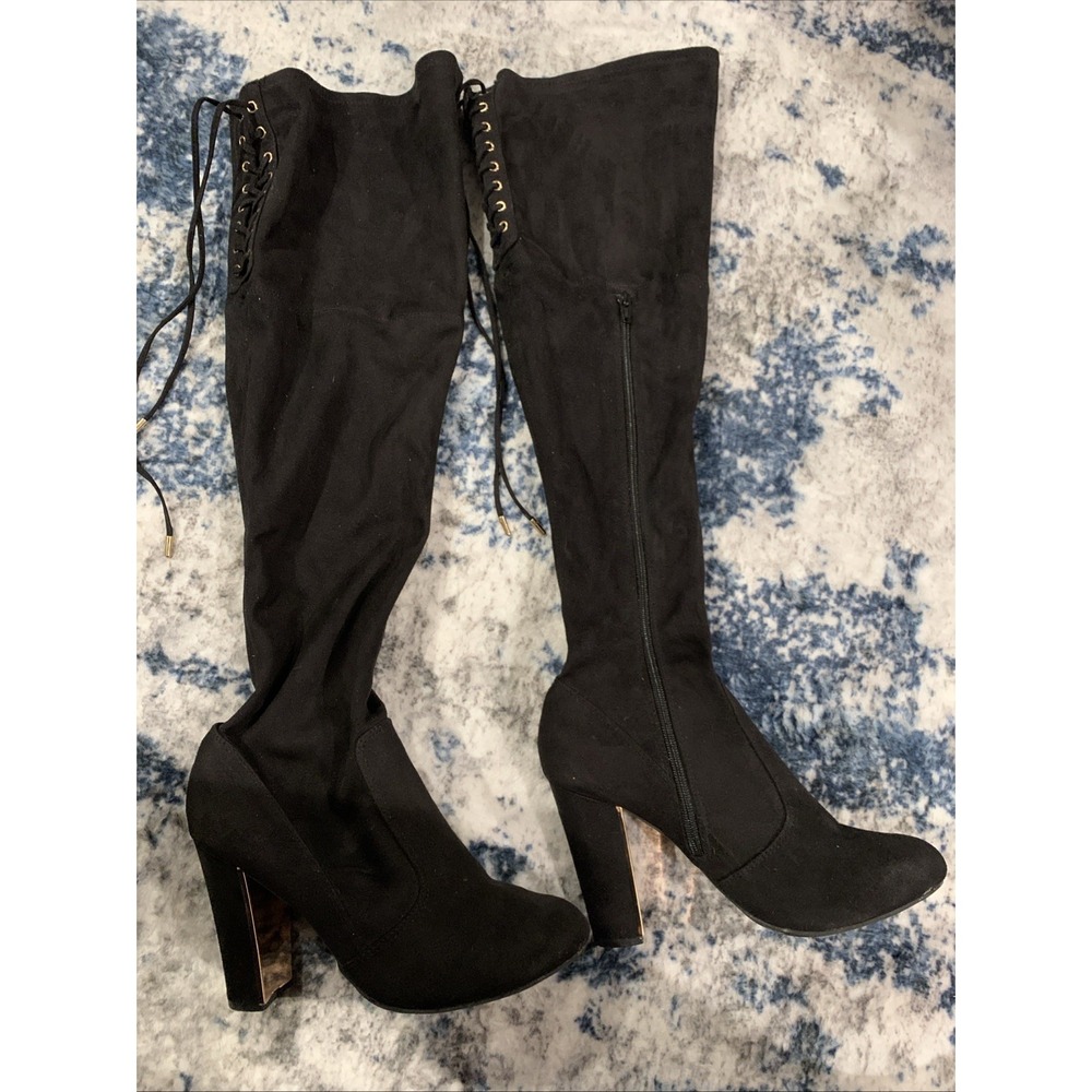 MATERIAL GIRL BLACK FAUX SUEDE OVER THE KNEE TIE BACK ZIPPER BOOTS Size 9 1/2